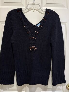 Urchin Chunky Knit Cotton Blend LS Pullover Sweater Wmen Sz L Deep Beaded V-Neck